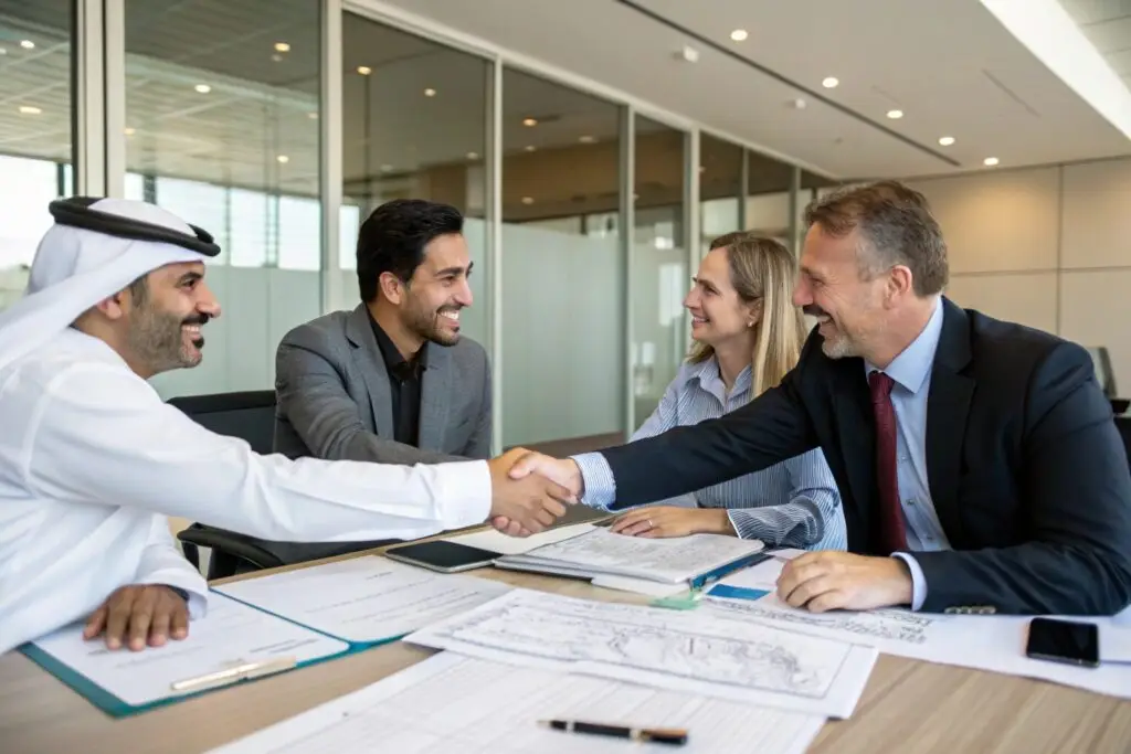 International business meeting, partners shaking hands, successful deal