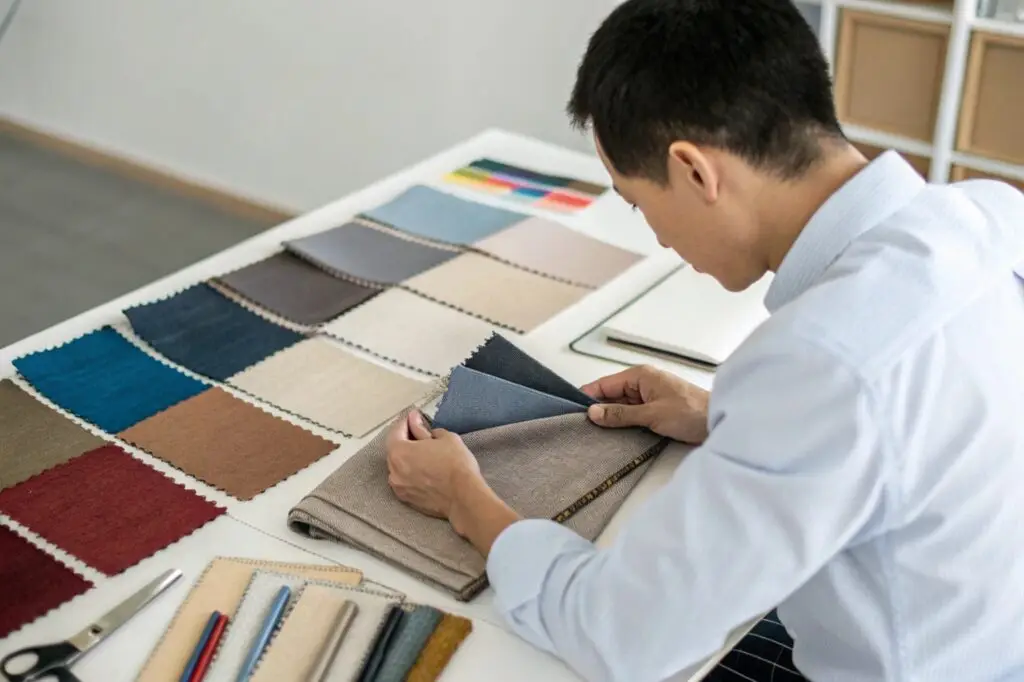 Fashion designer examining fabric swatches for new collection