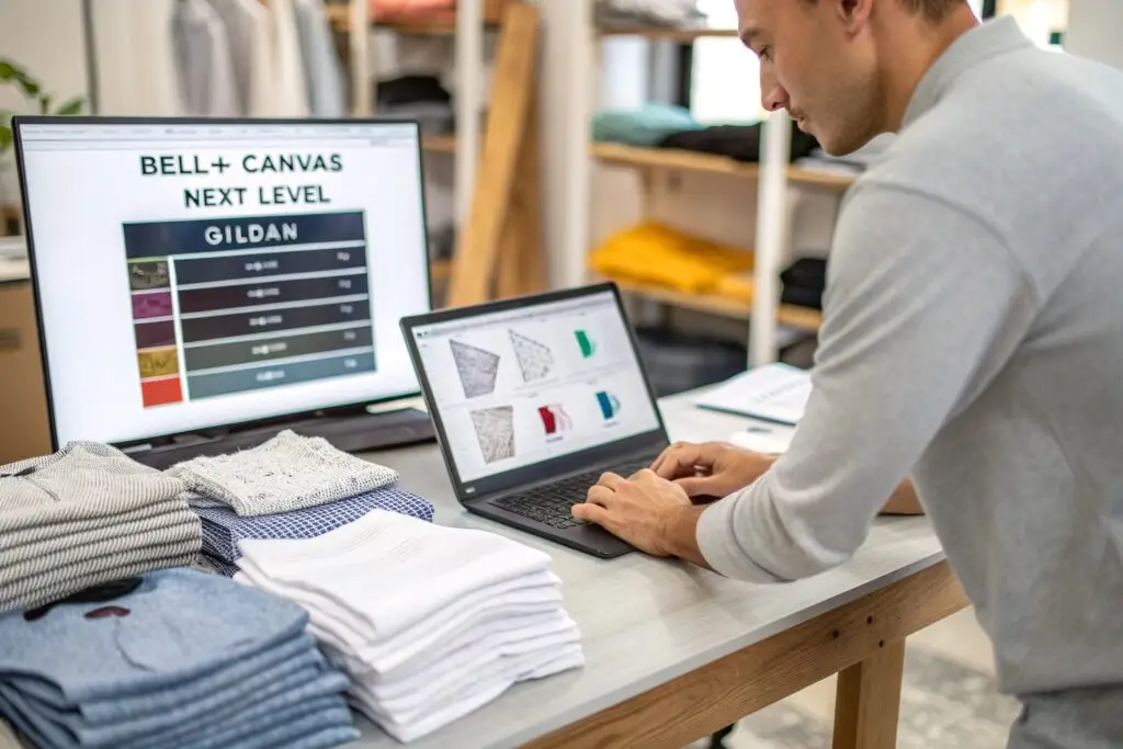 Business owner analyzing fabric options and wholesale suppliers