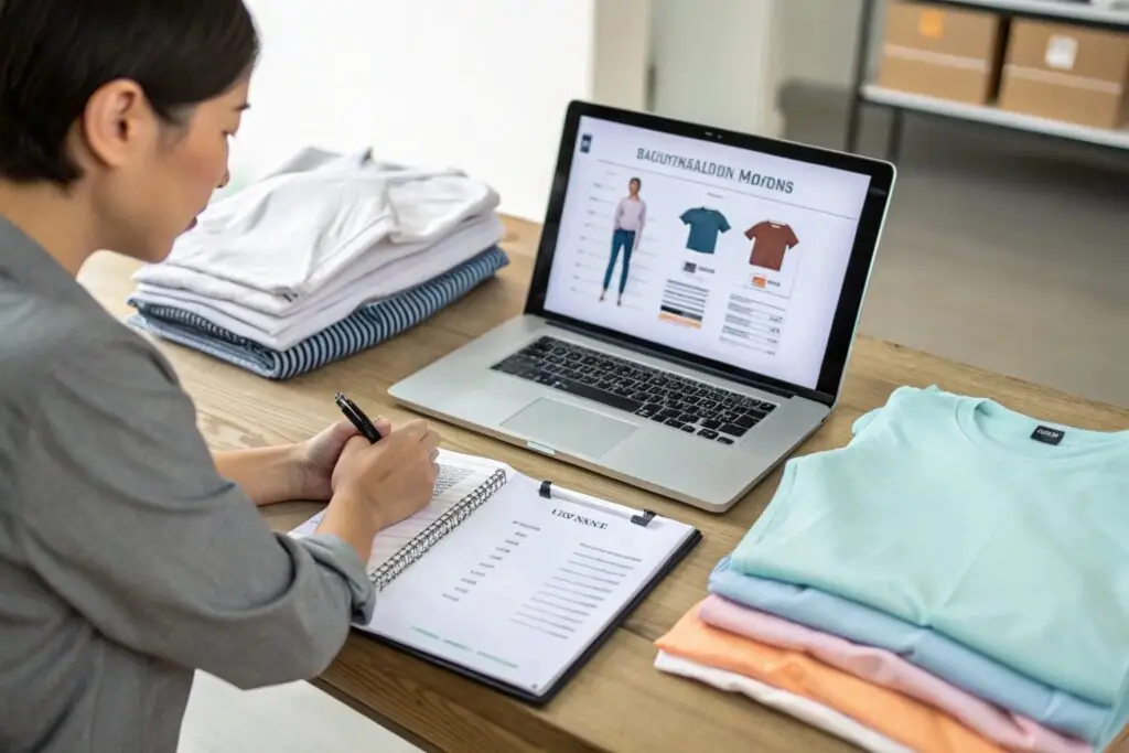 Business owner in a modern office carefully inspecting clothing inventory