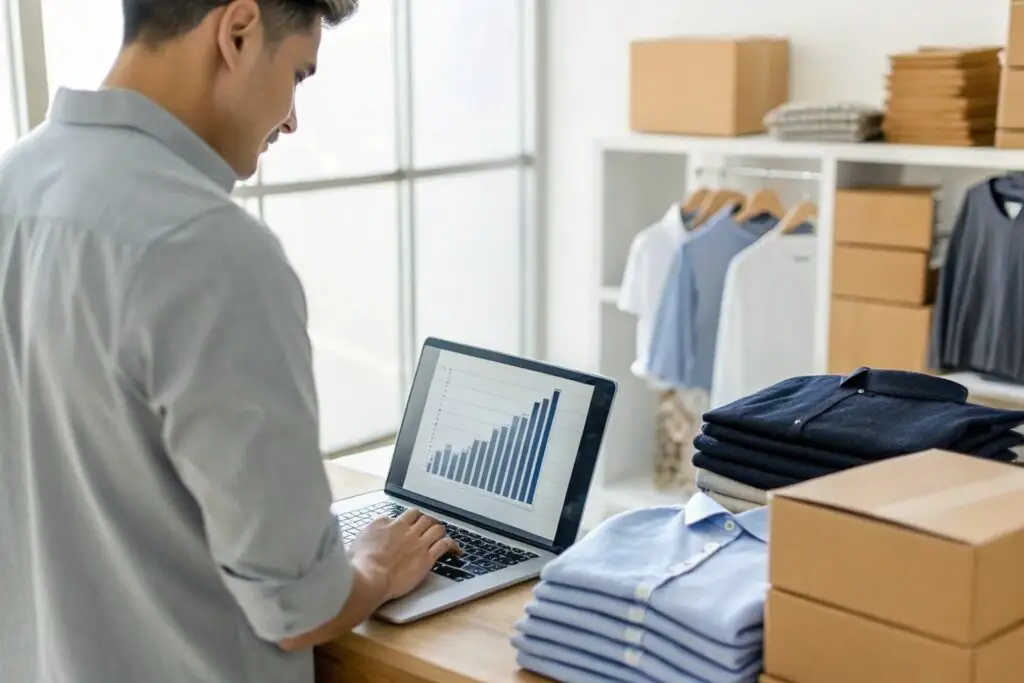Business owner analyzing sales growth in a clothing showroom