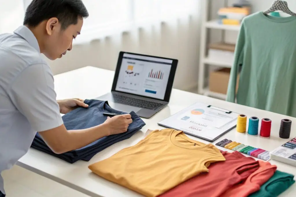 Business owner inspects blank t-shirts from different fabric suppliers