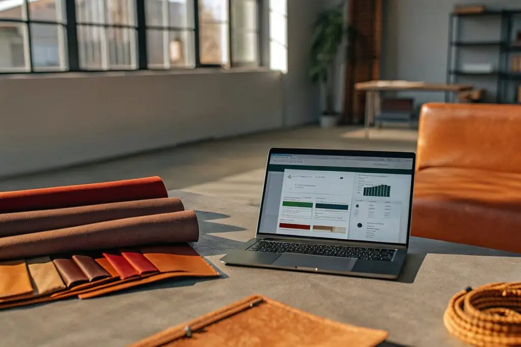 A laptop displaying an online clothing store management dashboard, with fabric samples neatly arranged beside it.