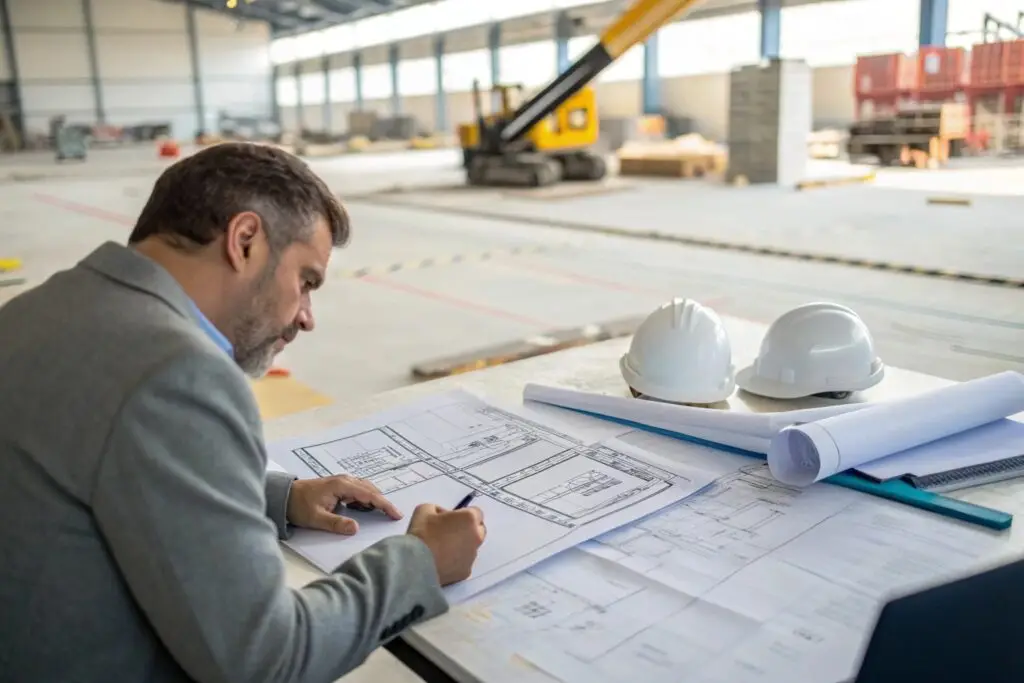 Architect or engineer reviewing construction blueprints at a building site