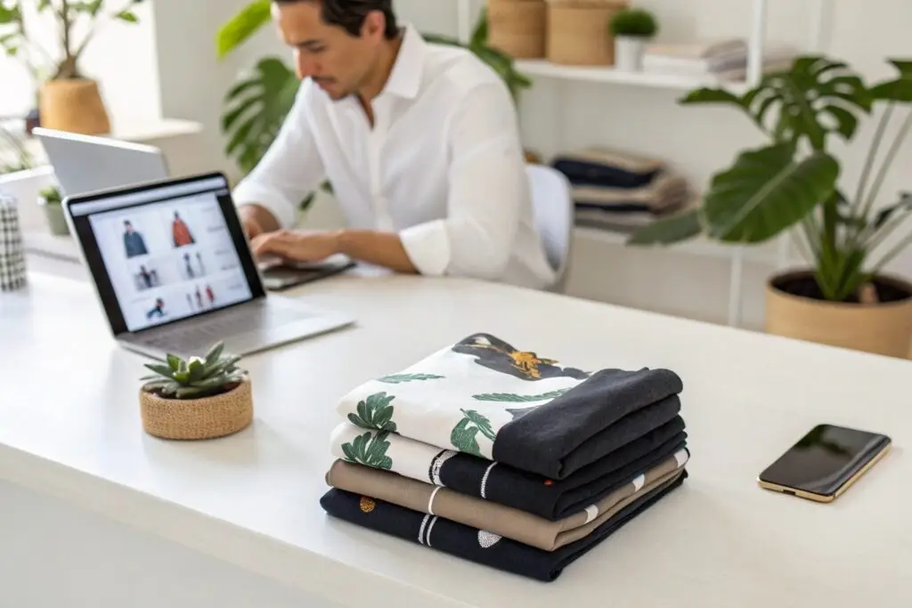 Business owner analyzing fashion trends with stacked designer garments