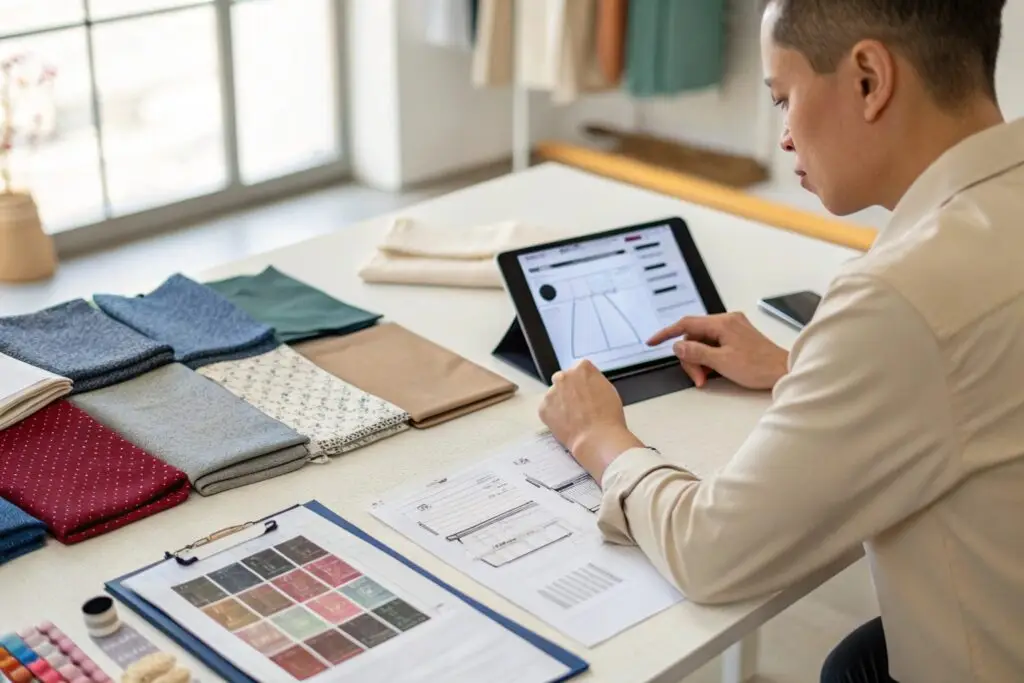 Fashion designer selecting fabrics and reviewing digital patterns