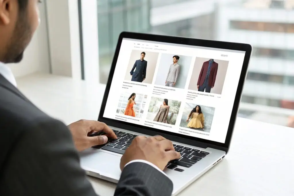 Business professional browsing clothing website on laptop