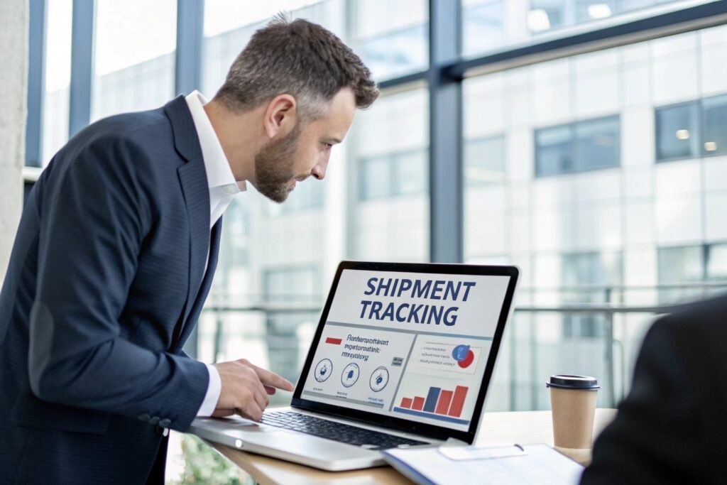 Business professional tracking shipment on laptop, logistics management