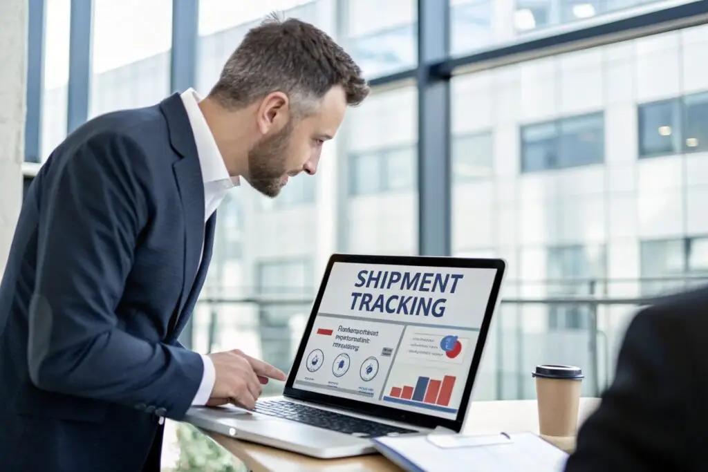 Business professional tracking shipment on laptop, logistics management