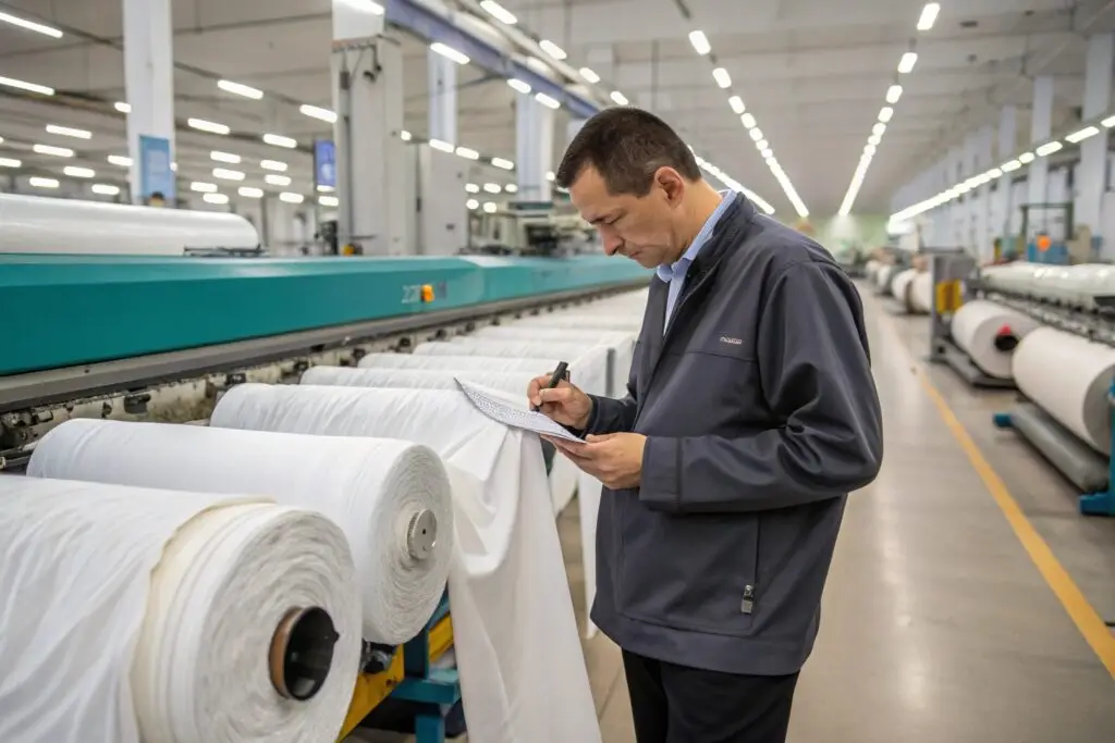 Textile factory worker inspecting white fabric rolls for quality control