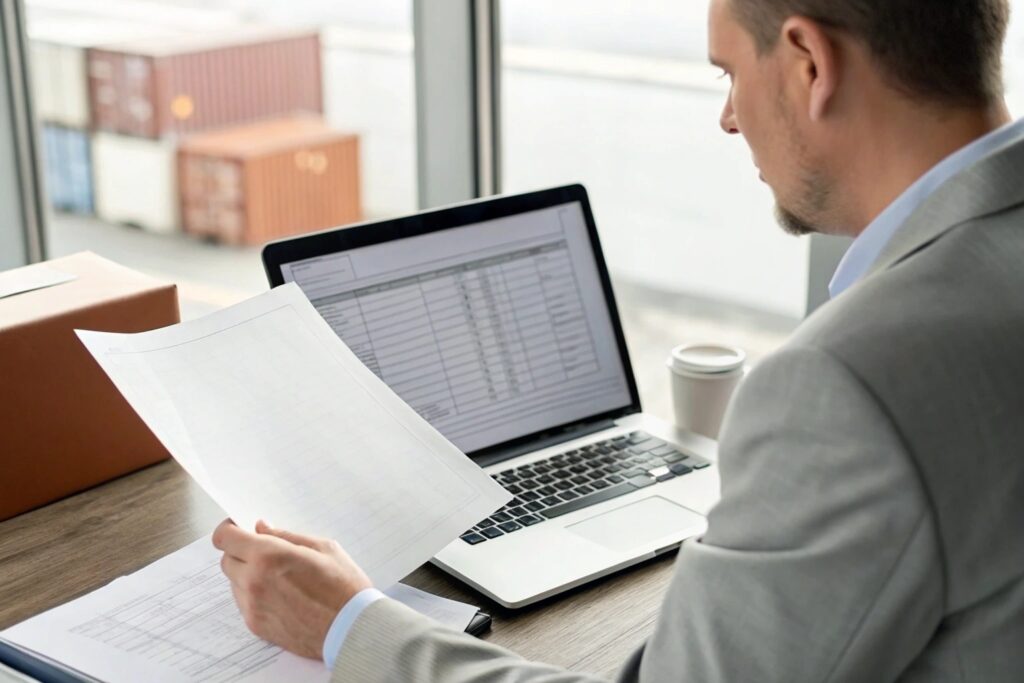 Business professional reviewing import documents, trade management