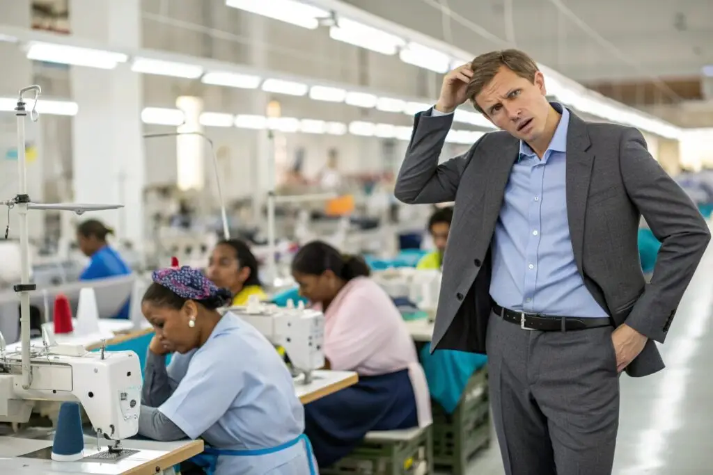 Concerned business manager inspecting garment production in a busy sewing factory