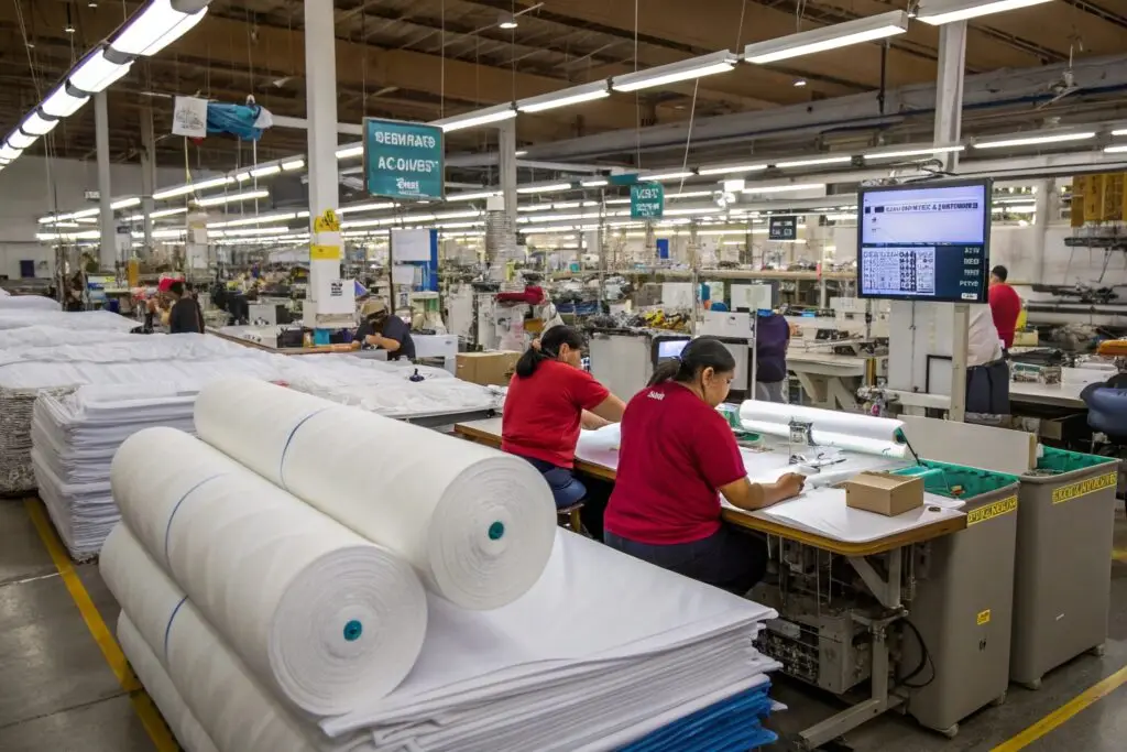 Workers inspecting and processing fabric rolls in a modern garment factory