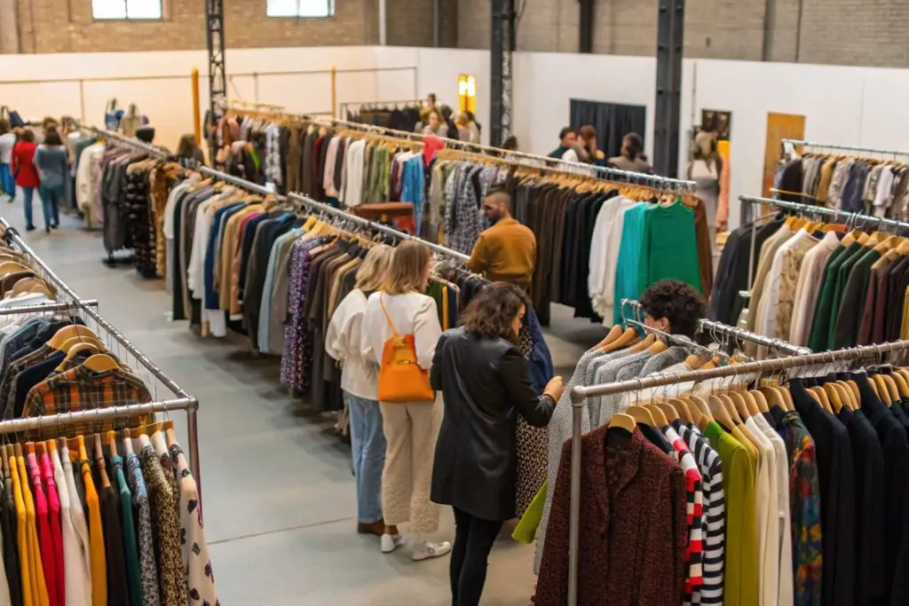 Fashion trade show with buyers exploring clothing collections