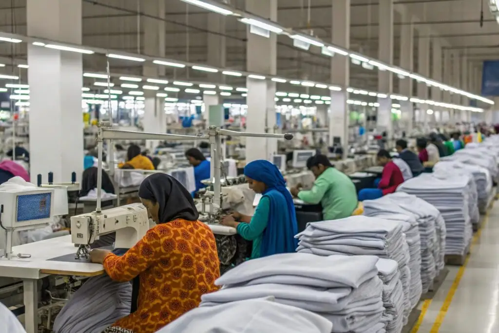 Garment workers sewing fabric in a large clothing factory