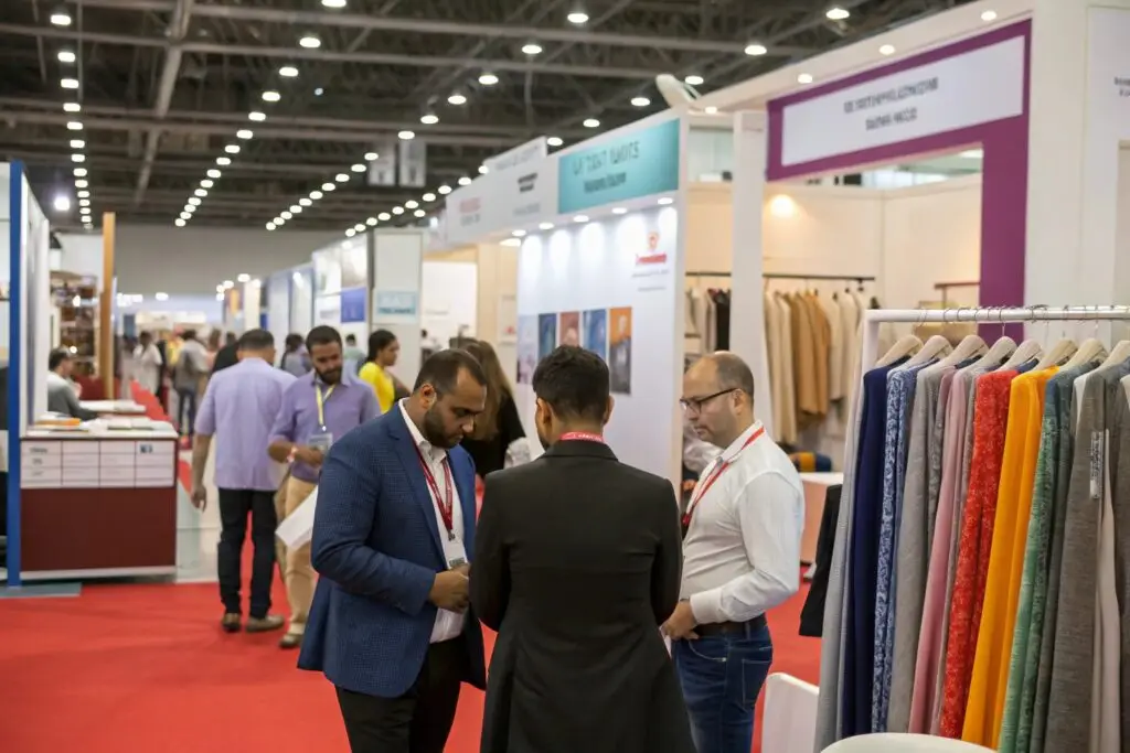 Business professionals networking at a textile trade exhibition