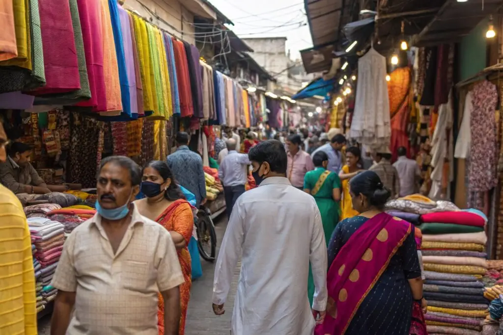 A vibrant textile market in Mumbai, showcasing a wide variety of fabrics