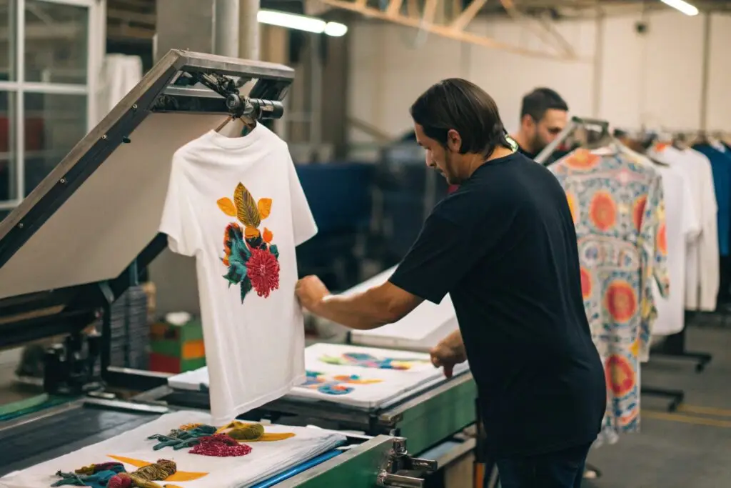 Skilled worker handling a vibrant screen-printed t-shirt in a workshop