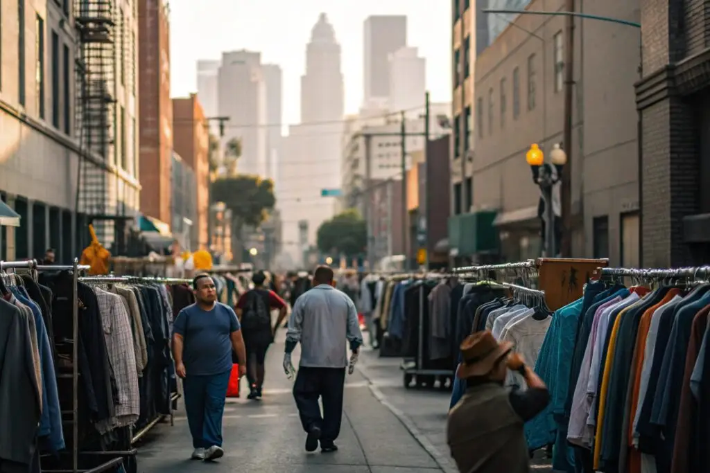 Street racks with clothing in Los Angeles fashion district at sunset