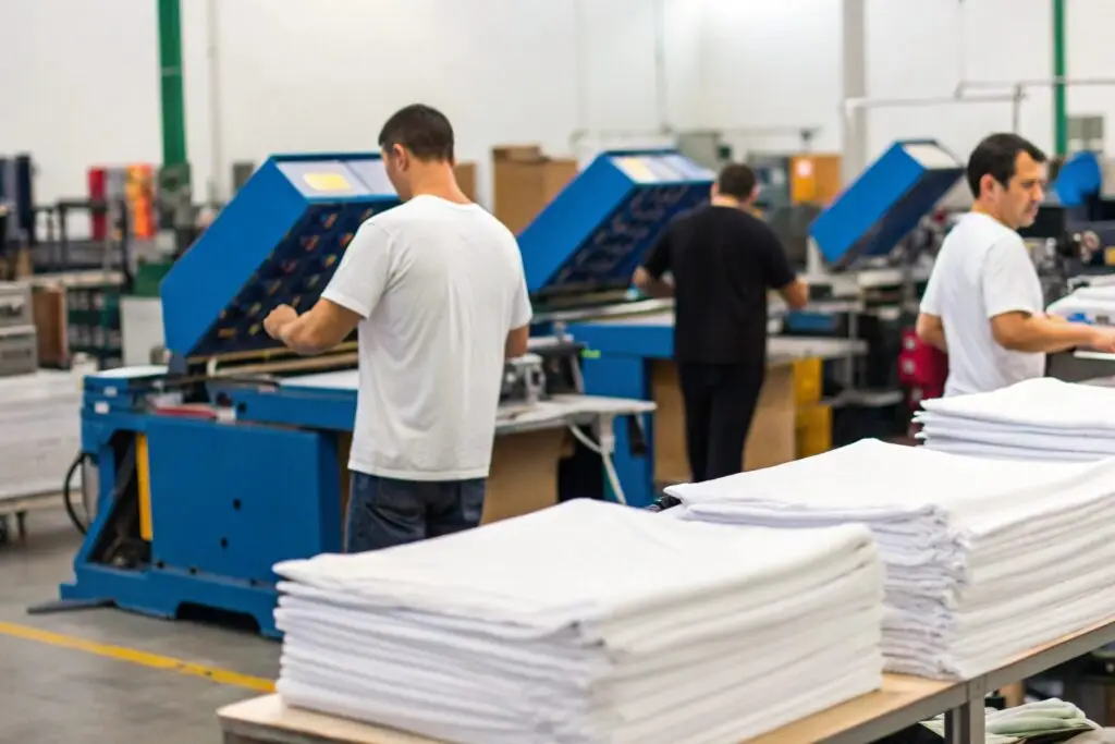 A bustling T-shirt printing workshop with workers operating heat press machines