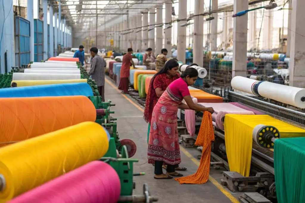 Workers managing colorful textiles in a busy textile factory