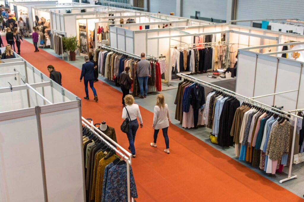 Clothing exhibition with various apparel on display