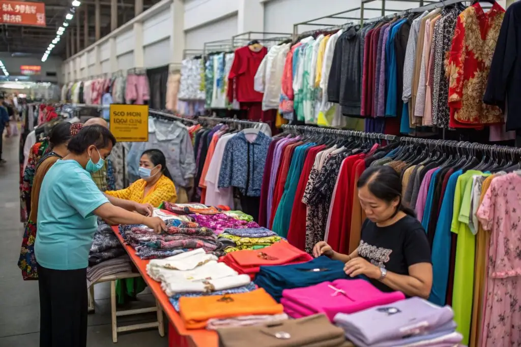 Buyers browsing colorful garments at a wholesale clothing market