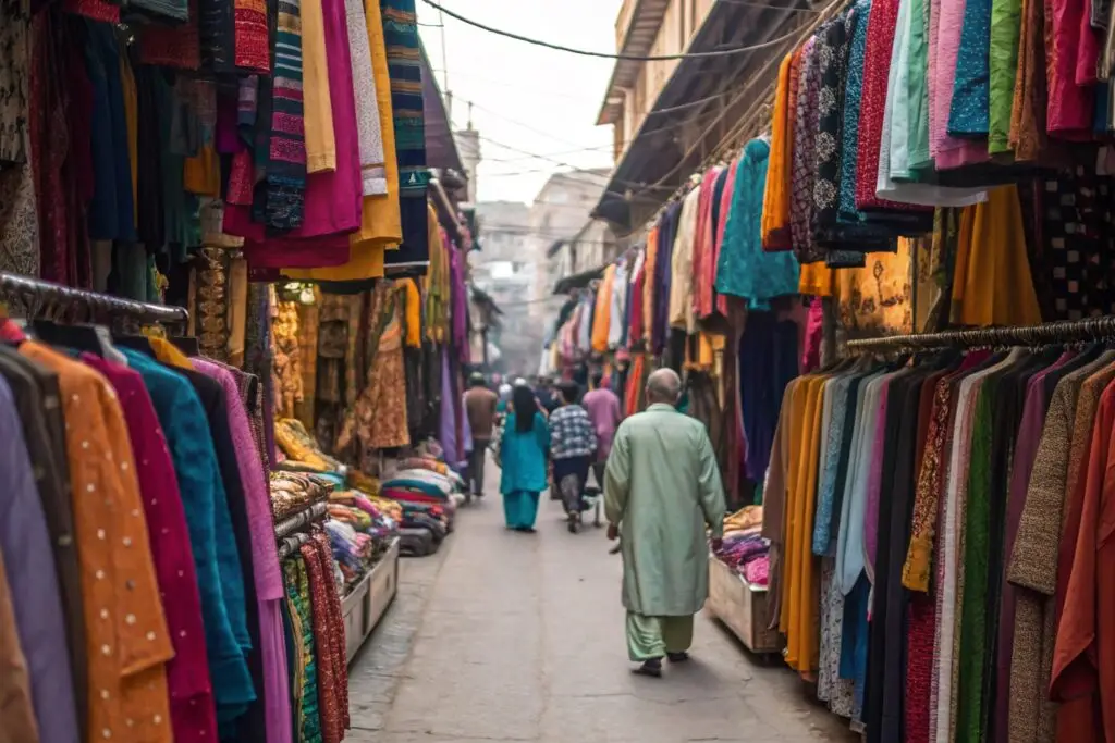 Busy wholesale clothing market with vibrant displays