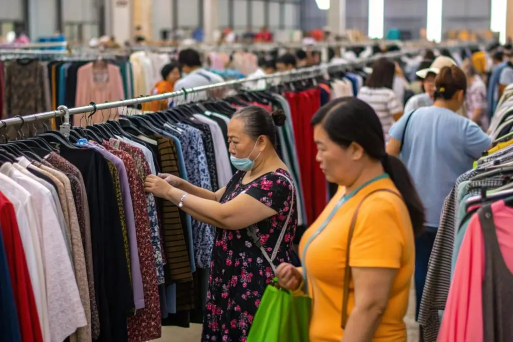 Wholesale clothing market with buyers selecting garments