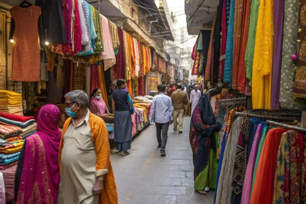 Shoppers exploring vibrant clothing market in Delhi
