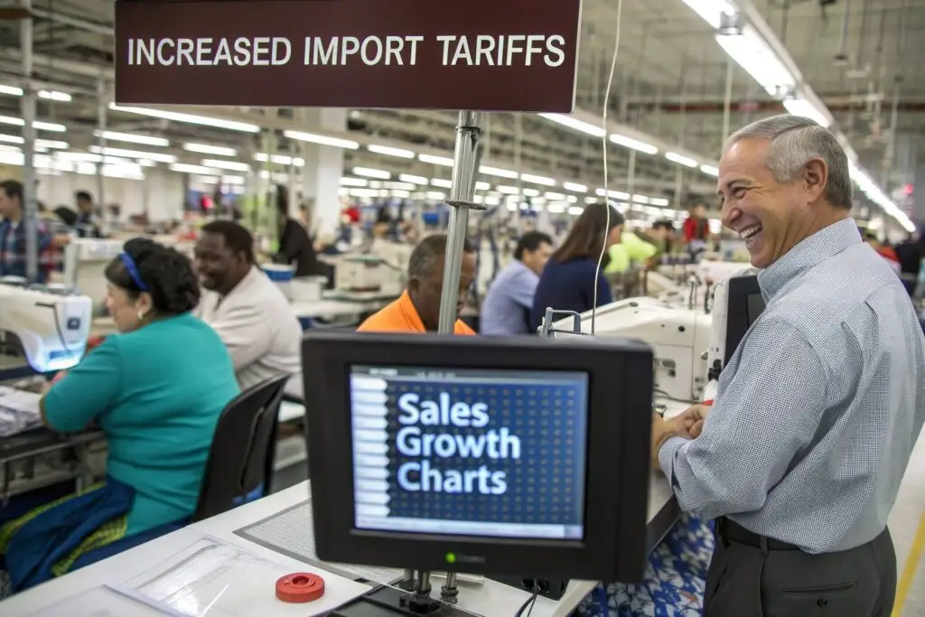 Workers in a busy textile factory sewing garments under import tariff policies