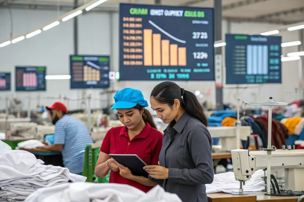 Busy Apparel Factory with Sewing and Packing Workers