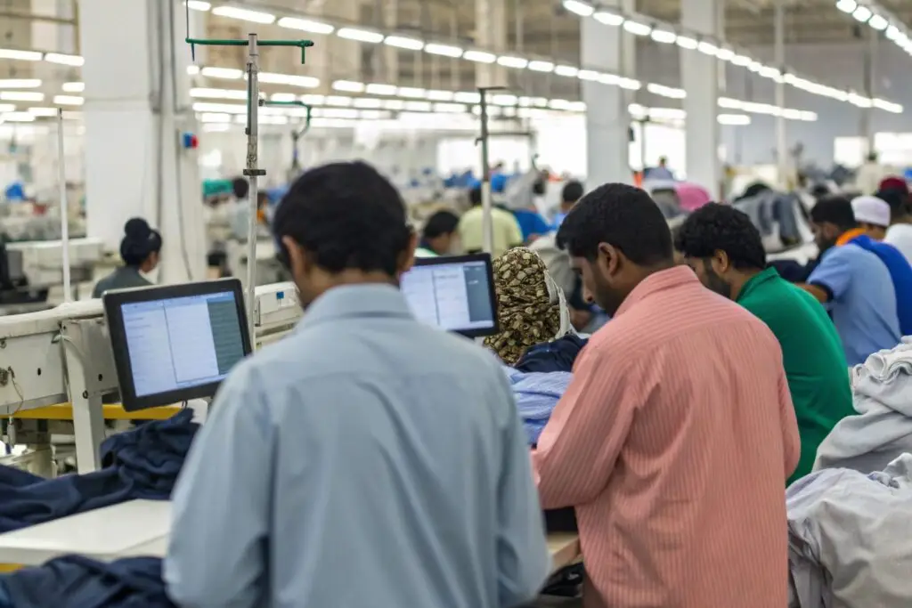 Busy clothing factory experiencing delays with workers at sewing stations