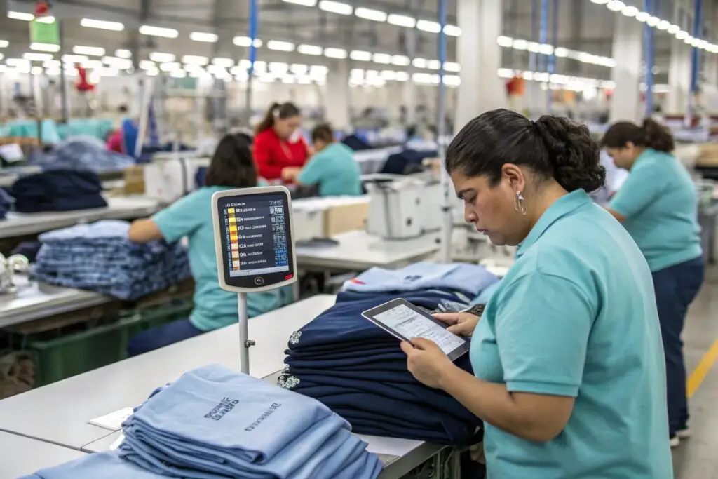 Quality control specialist inspecting garments in a clothing factory