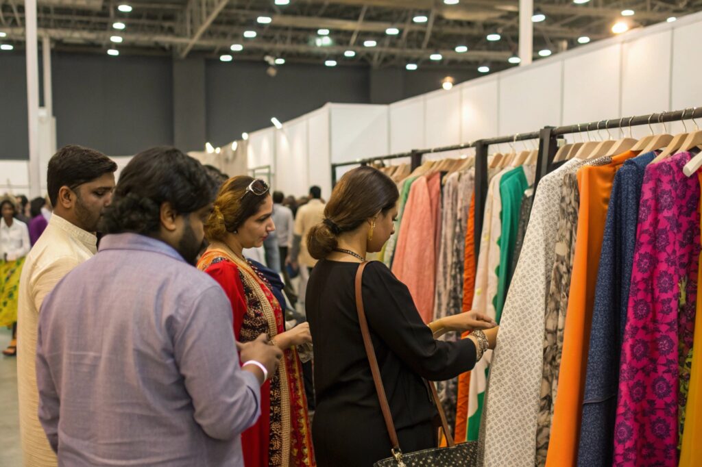 Visitors exploring colorful fabric selections at a textile exhibition