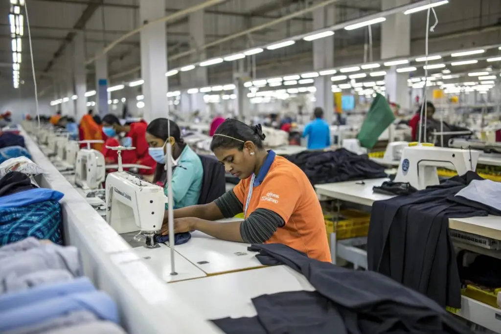 apparel workers sewing garments in large production factory