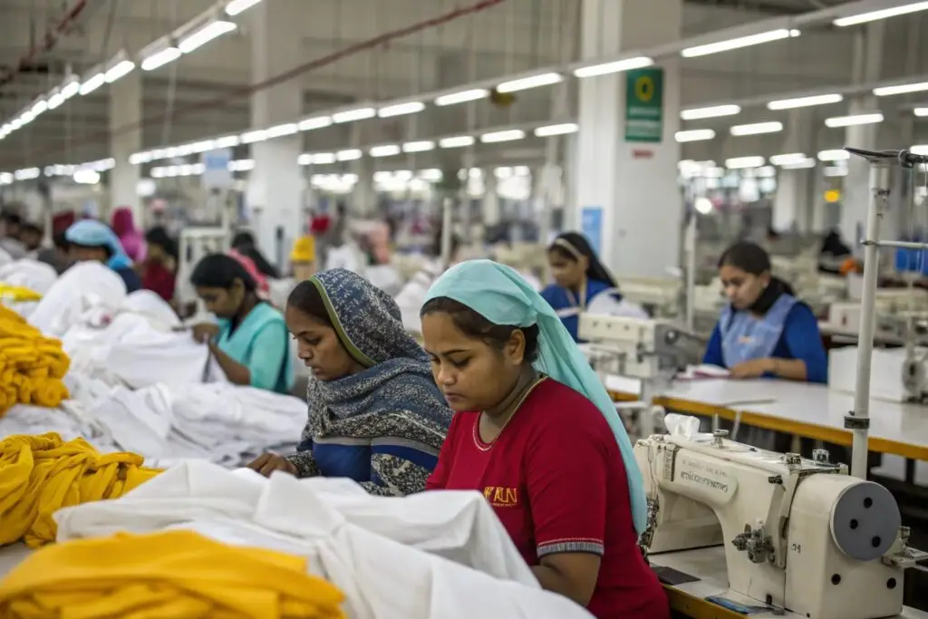 Workers sewing garments in a busy South Asian clothing factory