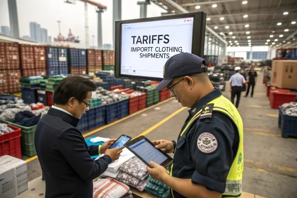 Customs officers inspecting imported clothing shipments at a busy logistics hub