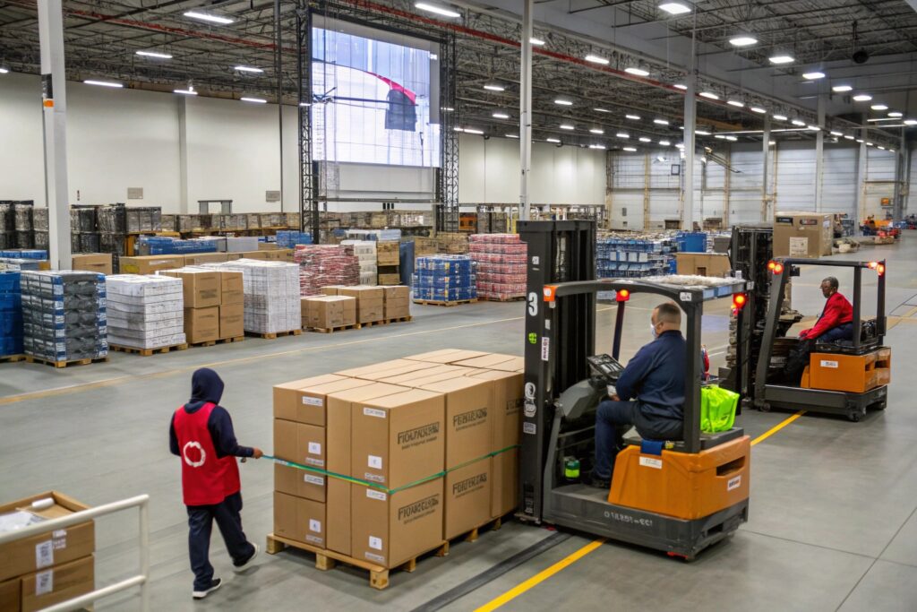 Busy logistics warehouse with workers handling packed shipments
