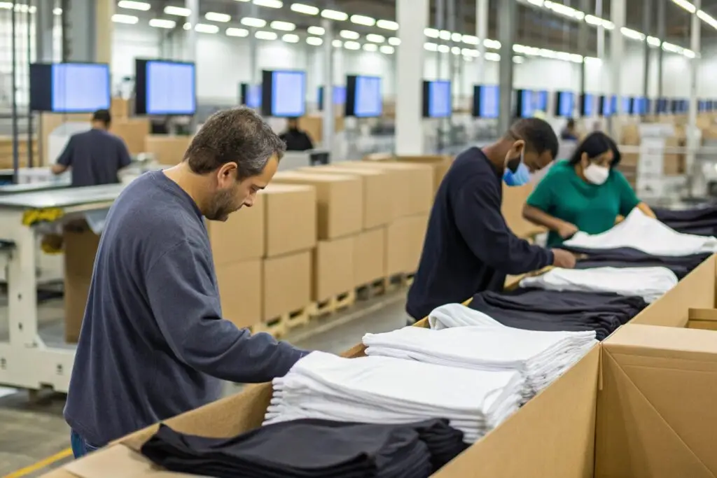 Workers inspecting and packing clothing in a garment distribution center