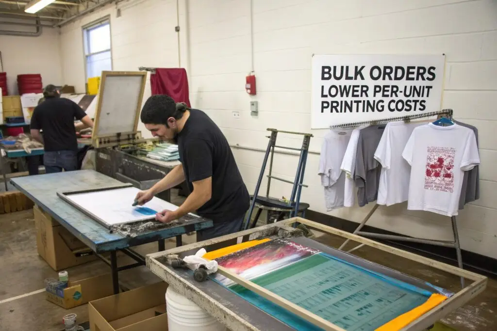 Worker screen printing bulk t-shirts in a production facility