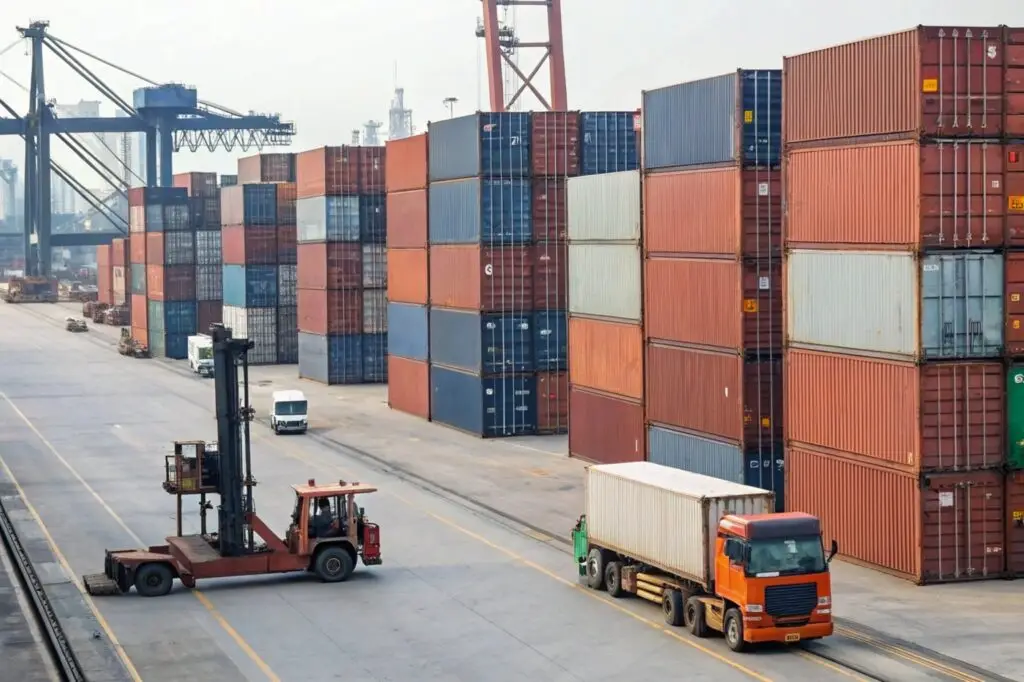 Shipping containers at a busy international port
