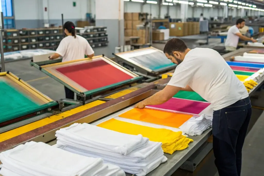 Workers operating screen printing machines in a busy t-shirt production facility