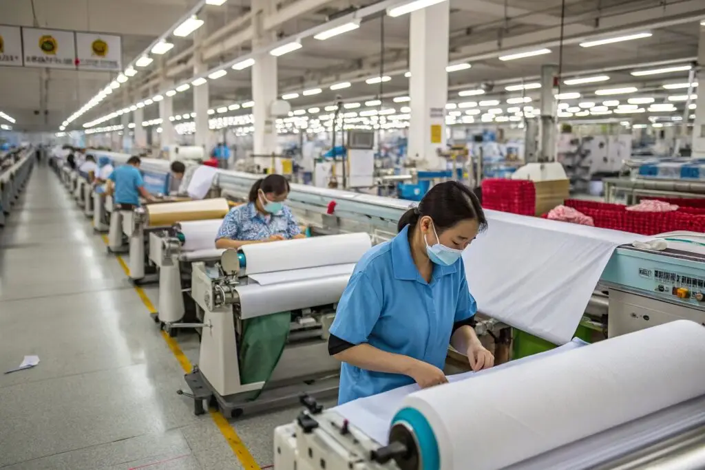 Workers in a textile factory inspecting fabric for garment production