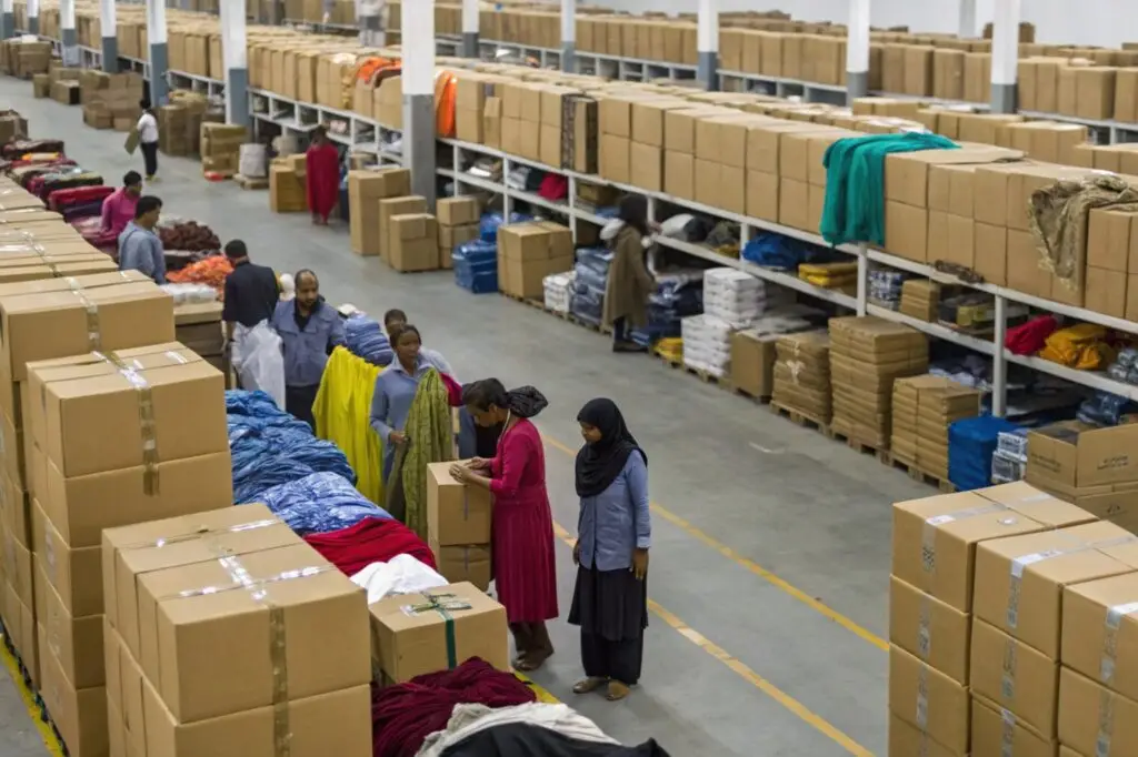 Workers handling packaged garments in a textile warehouse