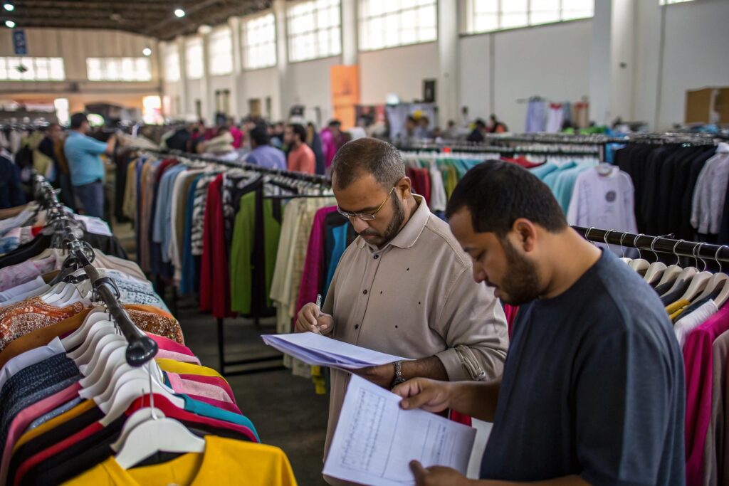 Wholesale clothing buyers inspecting garments at a busy market