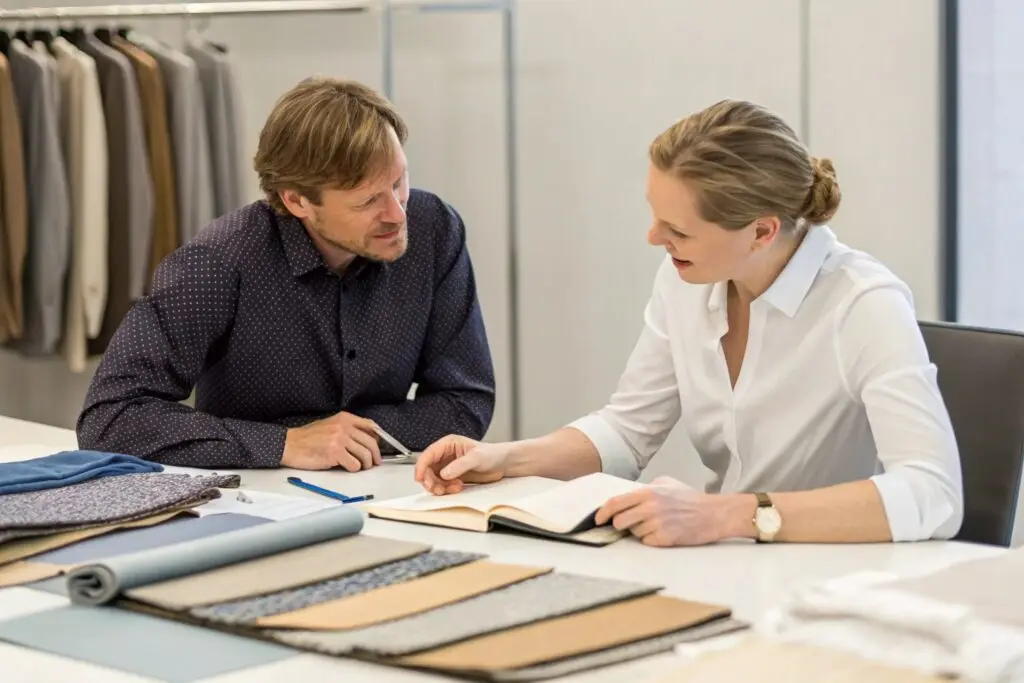 Buyer and supplier discussing production terms in a fashion studio, reviewing fabric options