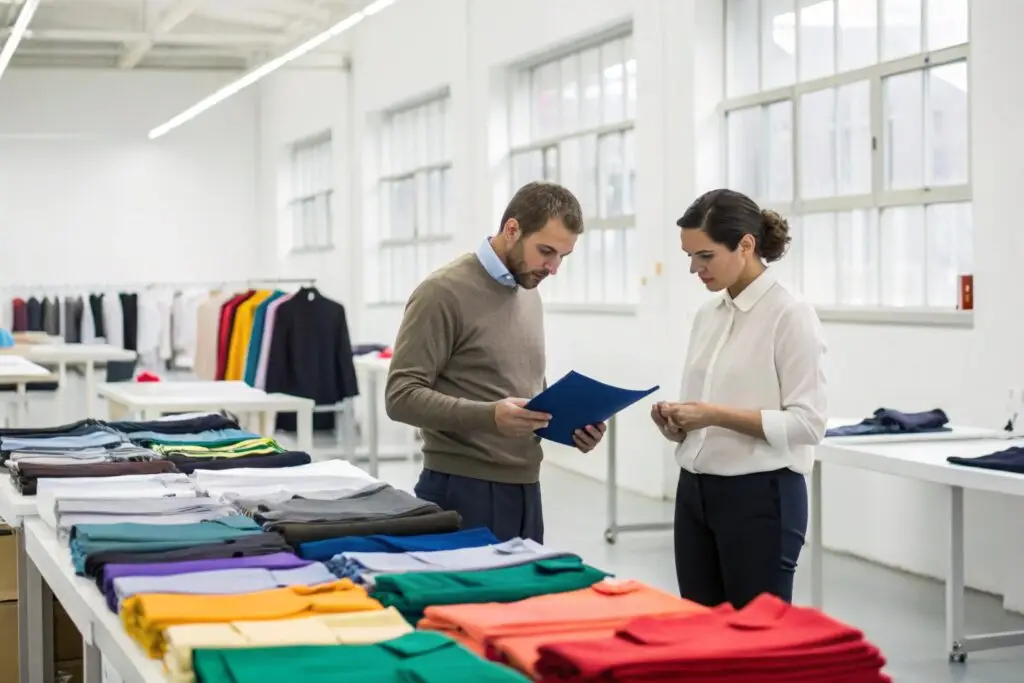 Buyer and supplier reviewing clothing samples