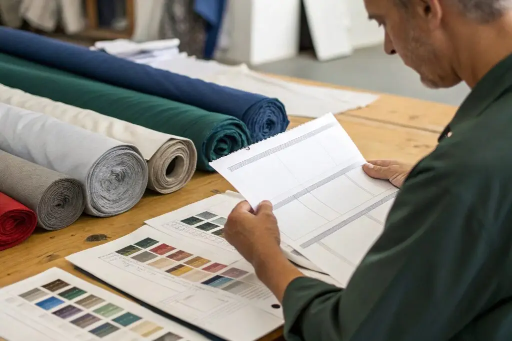 Client checking fabric swatches and order sheet