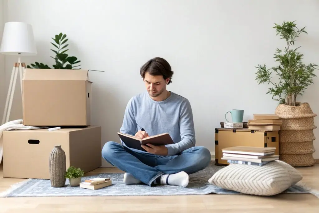 man sitting on floor writing notes while organizing home items